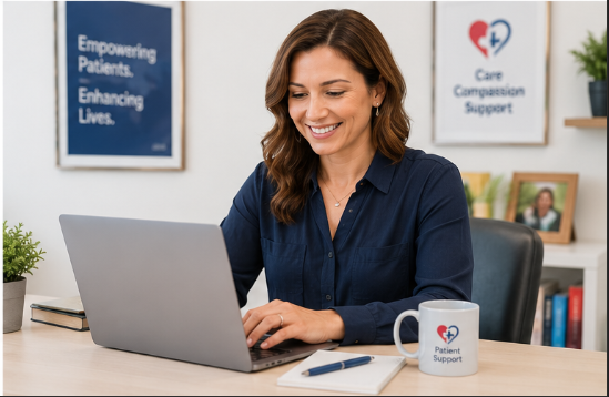 Healthcare advocate working on laptop