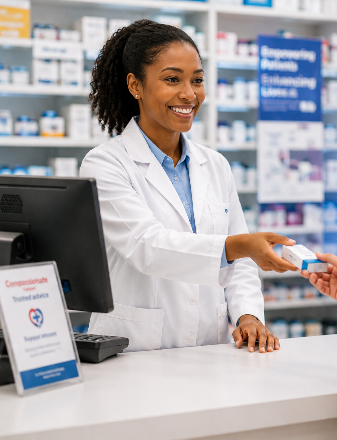 Pharmacist helping customer at pharmacy counter